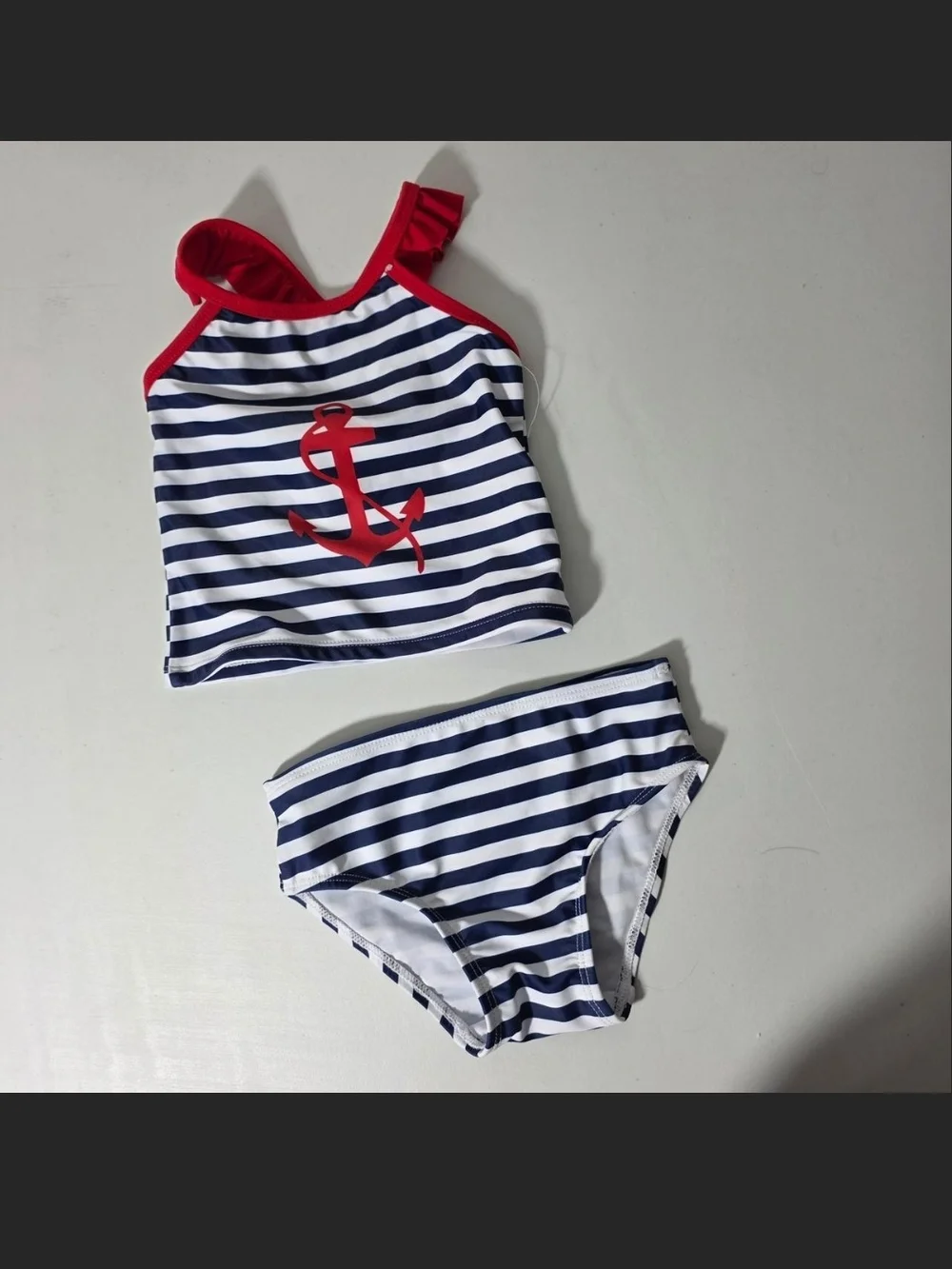 Wonderkids Navy Blue and White Striped Anchor Bikini with Red Trim